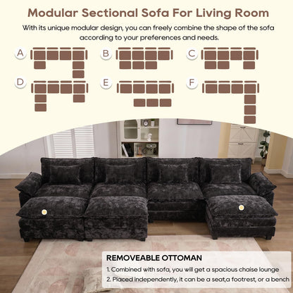 IPKIG 154" Modular Sectional Sofa, Chenille C-Shaped Sectional Couch Comfy Upholstered Seat Sofa with Ottoman, Deep Seat Cloud Couch Sofa for Living Room, Black
