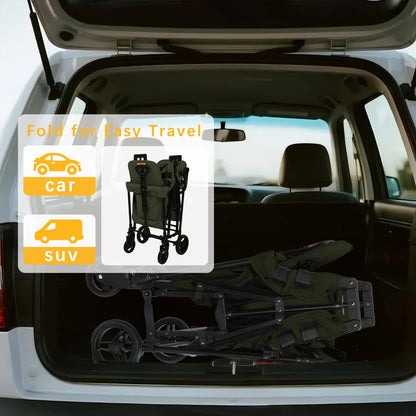 Wagon Stroller for 2 Kids, Foldable All-Terrain Wagon for Kids with Canopy, Adjustable Push and Pull Handles,Convertible High Seat & Organizer, 5 Point Harness