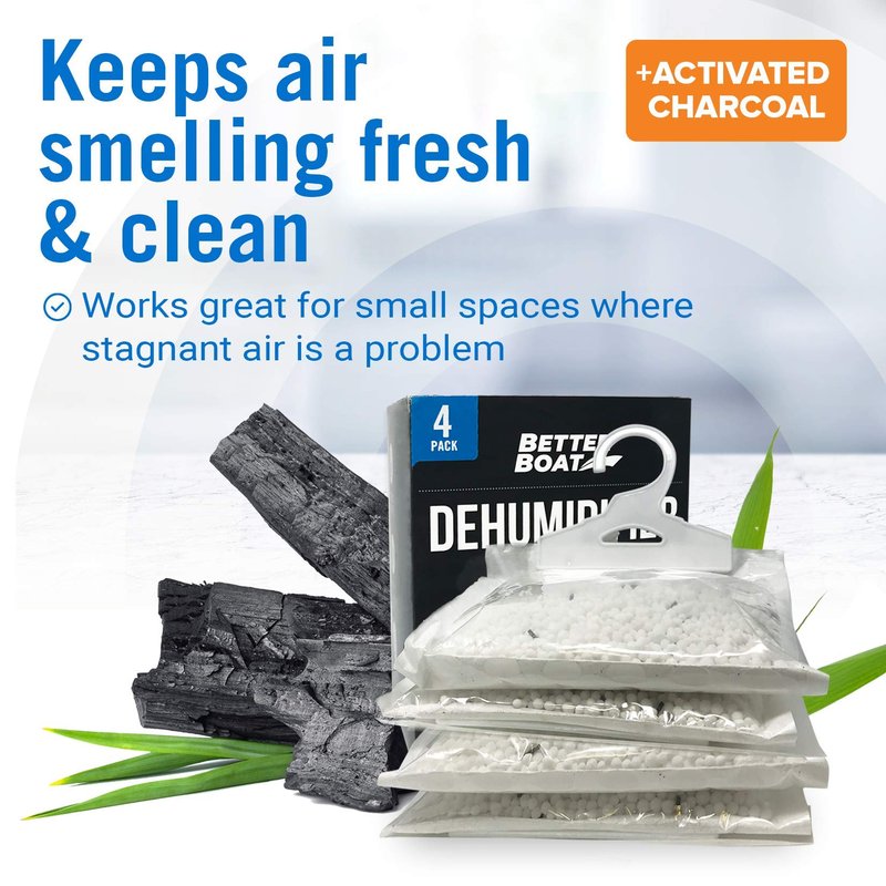 4 Pack Moisture Absorber Hanging Bags, Boat Dehumidifier with Charcoal, Unscented, Removes Dampness and Musty Odors, Ideal for Basement, Closet, Home, Car, RV, and Boating