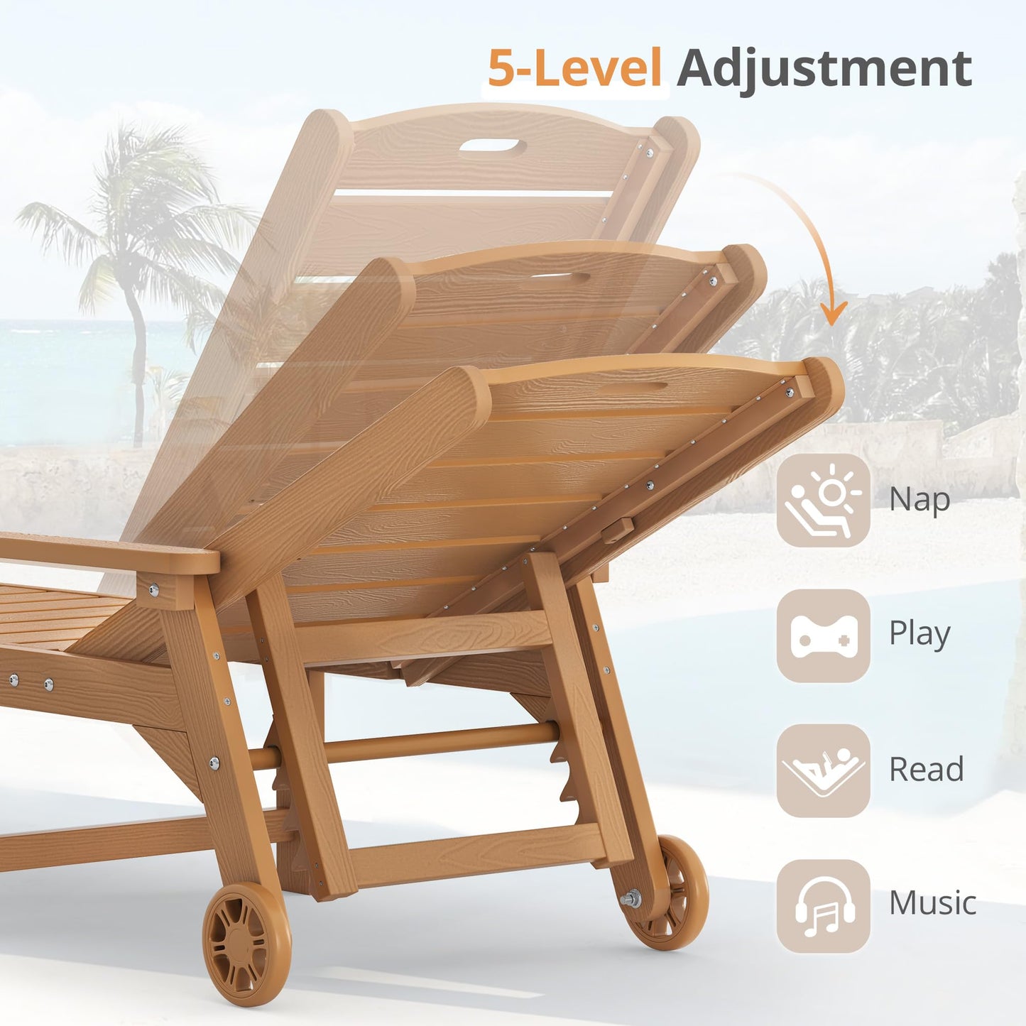 LUE BONA Outdoor Chaise Lounge Chairs Set of 2, HDPS Chaise Lounger, 5 Positions Adjustable Lounge Chairs, Pool Lounge Chair with Wheels for Poolside, Patio, Restaurant, 3 Year Warranty, Teak Color