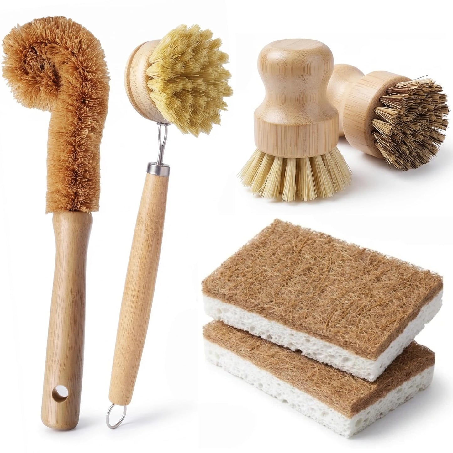 Natural Bamboo Dish Brush Set - 6 PCS Kitchen Cleaning Brush Kit with 4 Utensil Brushes and 2 Coconut Fiber Dish Sponges, for Cleaning Pots, Pans, Dishes, Bottles, Vegetables, and Fruits