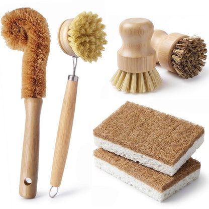 Natural Bamboo Dish Brush Set - 6 PCS Kitchen Cleaning Brush Kit with 4 Utensil Brushes and 2 Coconut Fiber Dish Sponges, for Cleaning Pots, Pans, Dishes, Bottles, Vegetables, and Fruits
