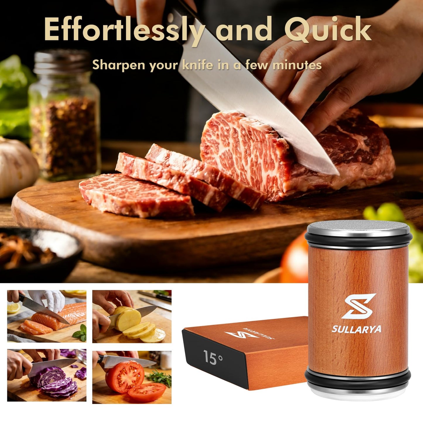 SULLARYA Knife Sharpener, Rolling Knife Sharpener, Knife Sharpening kit with Diamonds and Ceramic for Steel of Any Hardness, Kitchen Knife Sharpener with 15 & 20 Degree Magnetic Angle