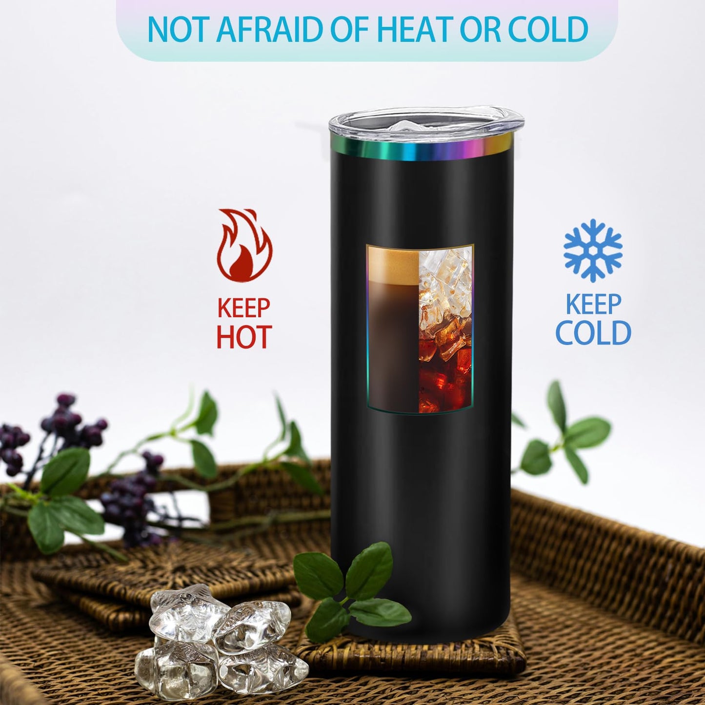 YOUKE OLA 8 Pack Rainbow Plated Stainless Steel Tumbler Straight Double Wall Powder Coated for Laser Engrave, 20oz Black To Iridescent