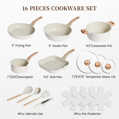 Kikcoin 16Pcs Ceramic Pots and Pans Set Non Stick, Includes a 9.5" Grill Pan, Induction Kitchen Cookware Sets, White Nonstick RV Kitchen Camping Cooking Sets Stackable (PTFE, PFOS, PFOA Free)