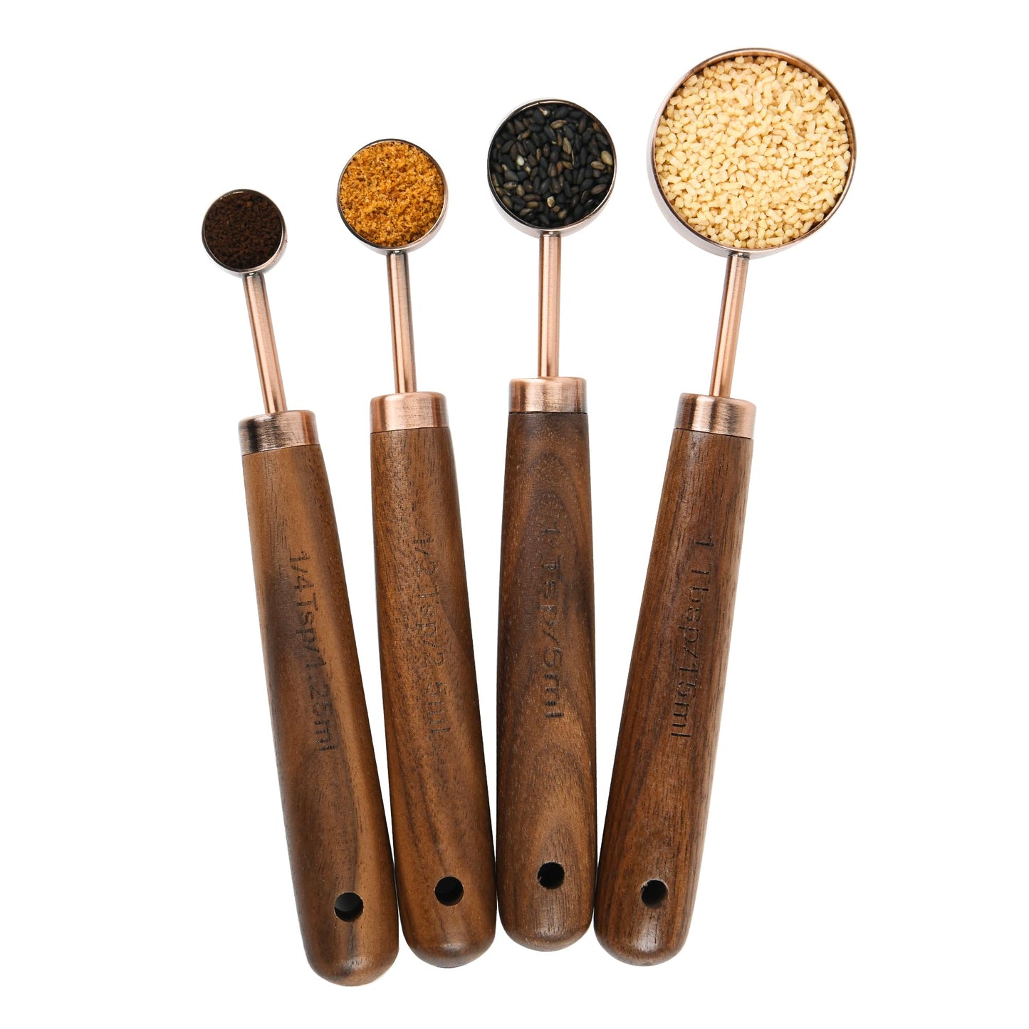 Smithcraft Copper Measuring Cups & Spoons Set 8, Stainless Steel Measuring Cups and Spoons Set for Baking and Kitchen, Metric & US Metal Measure Cup & Spoon with Wood Handle for Dry & Liquid
