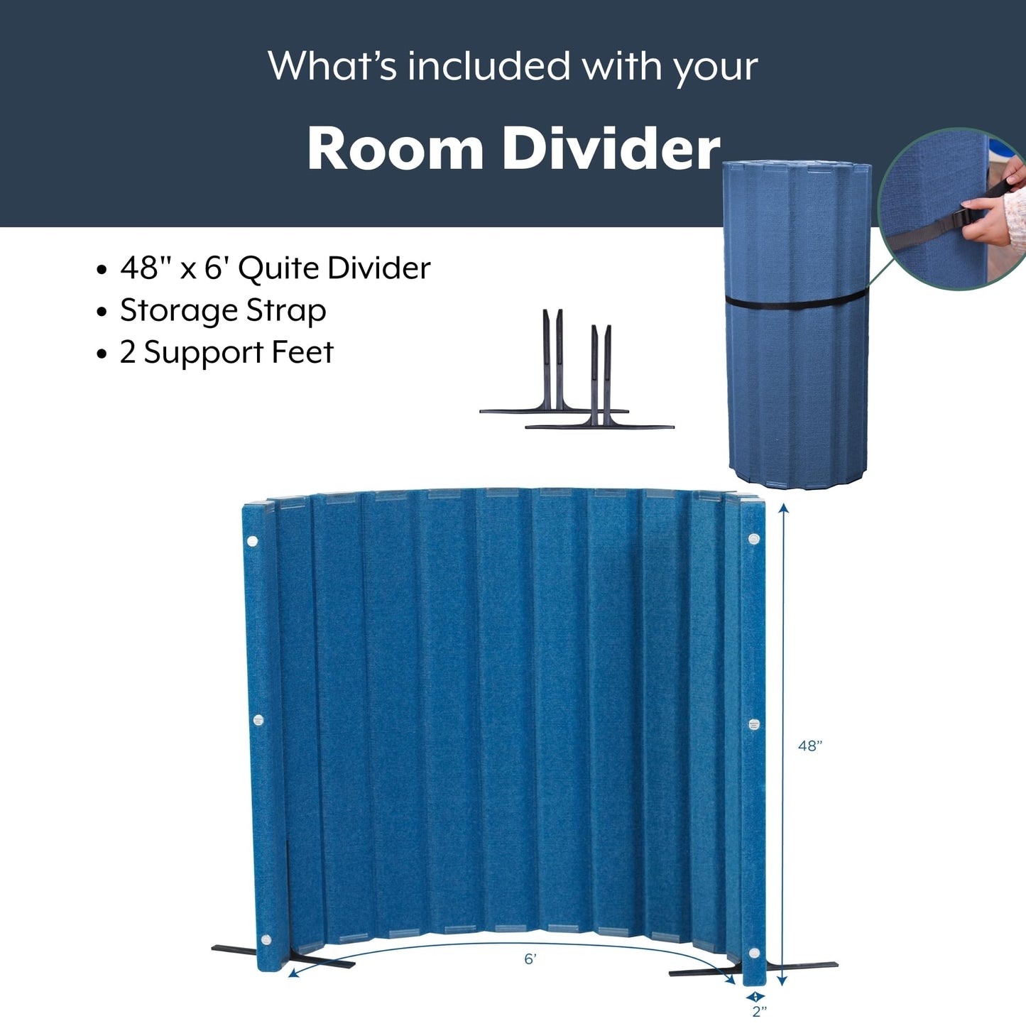 Angeles 48" x 6' Quiet Divider With Sound Dampening Panels, Freestanding Room Divider Wall, Blue