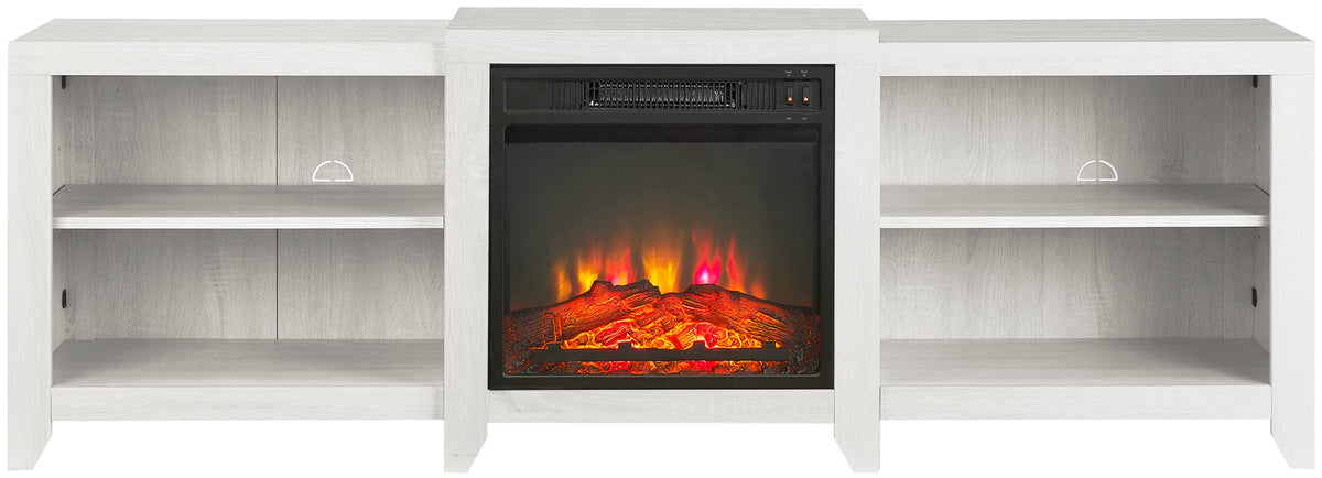 Crosley Furniture Ronin Low Profile Fireplace TV Stand for 75+ inch TVs, Entertainment Center with Shelves, Whitewash