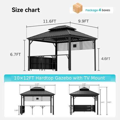 COSIEST 12x10 FT Hardtop Gazebo with Bar Counter, Heavy Duty Aluminum BBQ Grill Gazebo, Galvanized Steel Double Roof Permanent Outdoor Shelter, 15 PSF Snow Load, Black