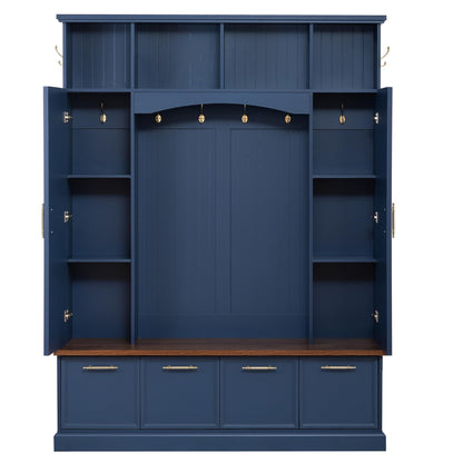 Merax 59" Farmhouse Hall Tree with Golden Hooks & Walnut Bench, Entryway Organizer with Adjustable Shelves, Shoe Storage, Anti-Tip for Mudroom, Living Room, Blue