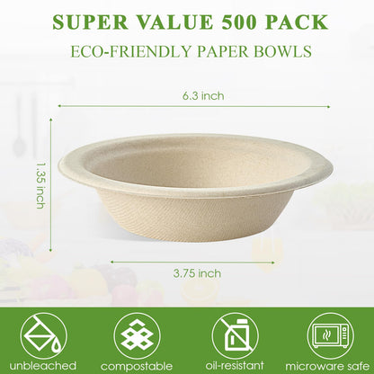 Vplus 500 Pack 12 OZ Paper Bowls Bulk, Disposable Compostable, Eco-friendly Bagasse, Heavy-duty Bowls Perfect for Milk Cereals, Snacks, Salads Nature