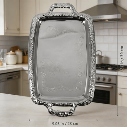Rectangular Silver Serving Tray, Vintage Metal Tray for Whiskey Decanter Candlesticks Vanity Perfume and Snack Bread Breakfast Fruit Serving Dish