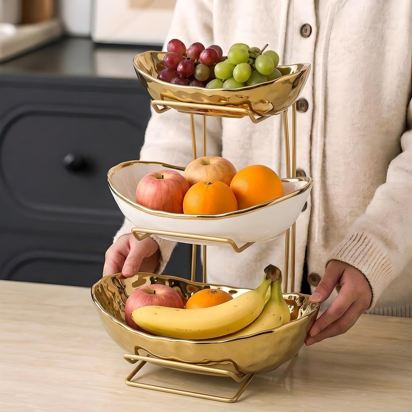 MEIGLQEA 3-Tier Gold Fruit Bowl & Tray with Metal Stand - Ceramic White, Triple Layer for Snacks, Nuts, Bread & Candy Storage