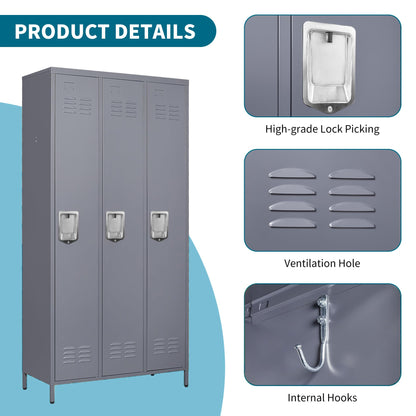 EKJ Upgraded Metal Storage Locker for Employees, 3 Doors Metal Locker Storage Cabinet for Gym Office School, Tall Steel Locker Cabinet for Employees, Assemble Required(Grey)