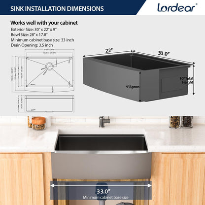 30 Black Farmhouse Sink - Lordear 30 inch Farm Kitchen Sink Workstation Apron Front 16-Gauge Gunmetal Black Stainless Steel Single Bowl Deep Kitchen Farmer Sinks, 9" Apron Height