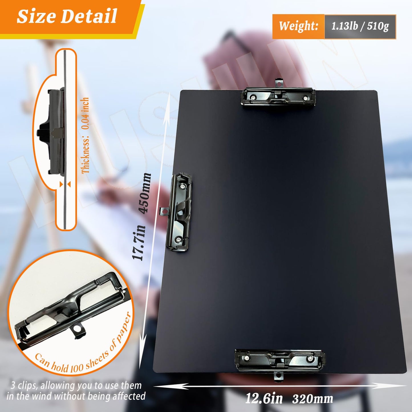 Aluminum 11x17 Clipboard A3 Metal Stainless Hangable Clipboards with 3 Clips Art Pen Holder Extra Large Clip Board for Business Medical Professionals Workshop (Black, A3)
