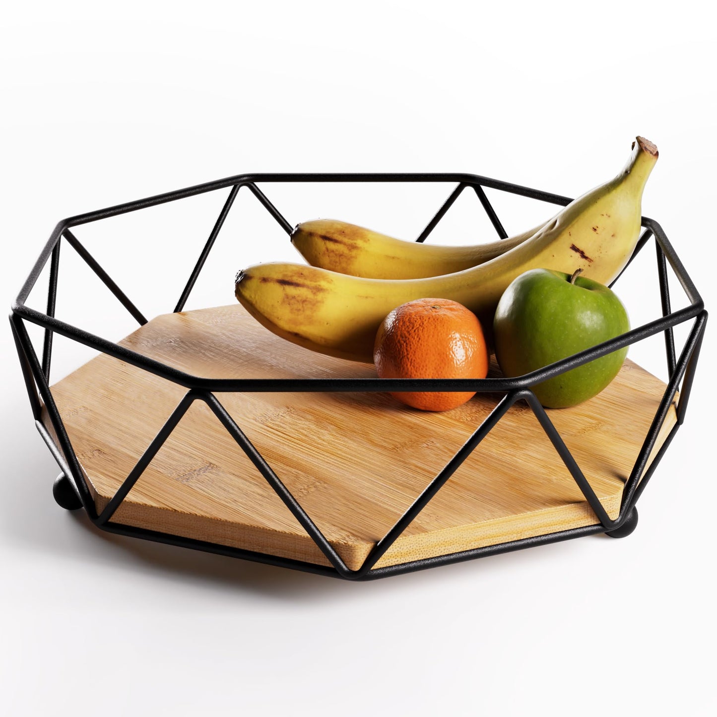 Fruit Bowl for Kitchen Counter - 12"W Metal & Wood Modern Fruit Bowl for Table - Large Produce Basket for Kitchen Counter - Stylish Wood & Black Decorative Bowl - Dining Table Centerpiece Decor Bowl