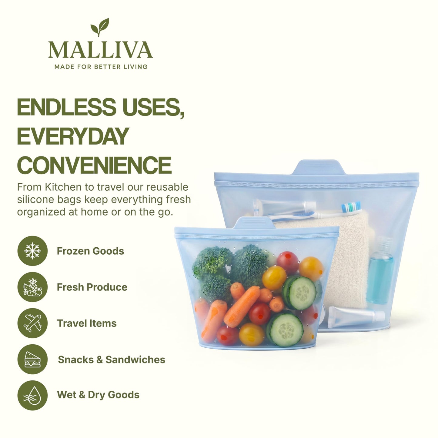 MALLIVA Premium Reusable Platinum Silicone Bags for Food Storage, 3 Pack(17, 34 & 51oz), Stand Up Ziplock Bags, Meal Prep Bag, Sandwich Bag, Snack Bag, BPA Free, Freezer, Microwave & Dishwasher-Safe