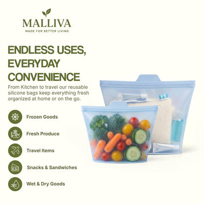 MALLIVA Premium Reusable Platinum Silicone Bags for Food Storage, 3 Pack(17, 34 & 51oz), Stand Up Ziplock Bags, Meal Prep Bag, Sandwich Bag, Snack Bag, BPA Free, Freezer, Microwave & Dishwasher-Safe