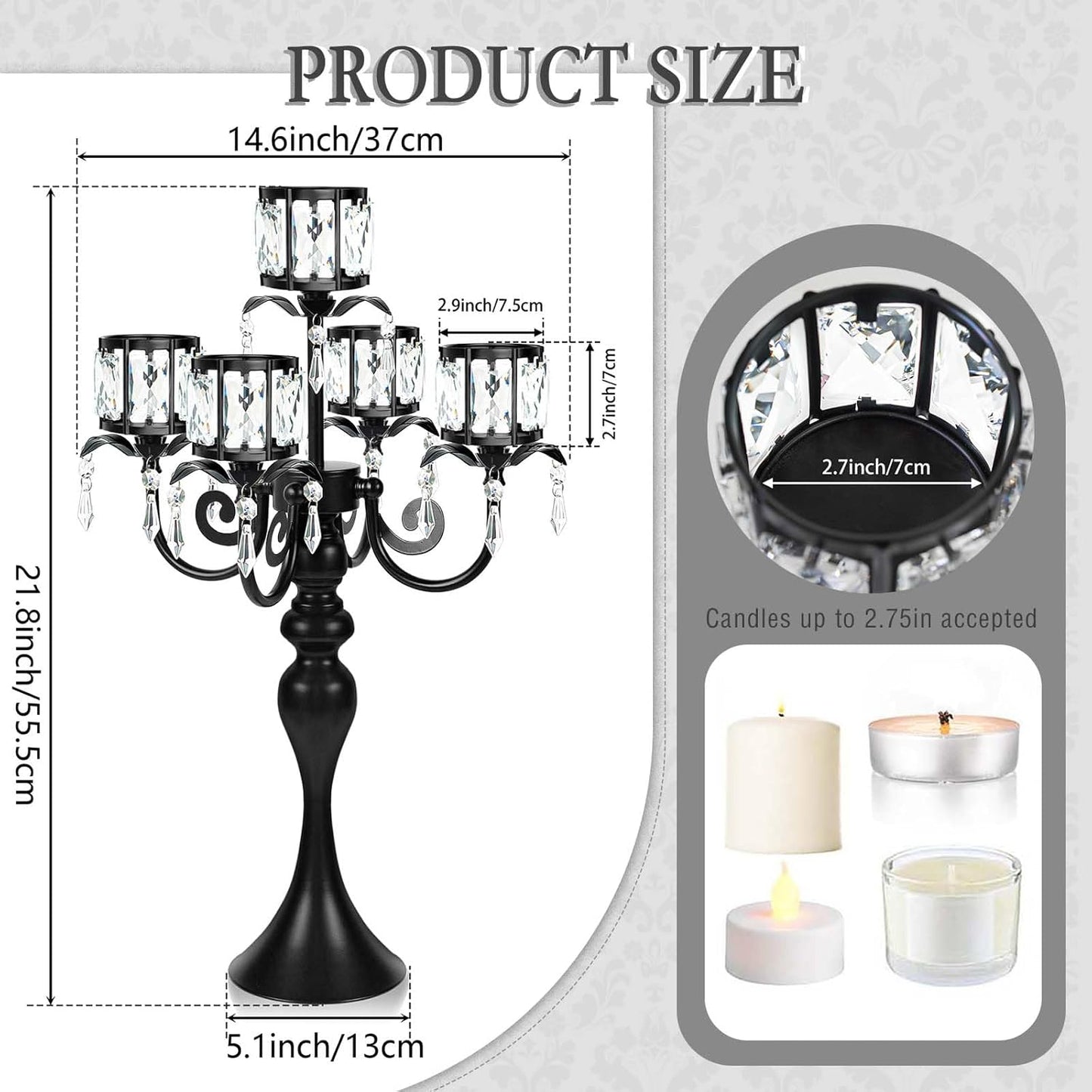 Skiennix 5-Arm Crystal Pendant Candle Holder - Elegant 22-Inch Tall Wedding Centerpiece | Black Finish