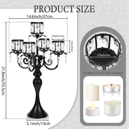Skiennix 5-Arm Crystal Pendant Candle Holder - Elegant 22-Inch Tall Wedding Centerpiece | Black Finish