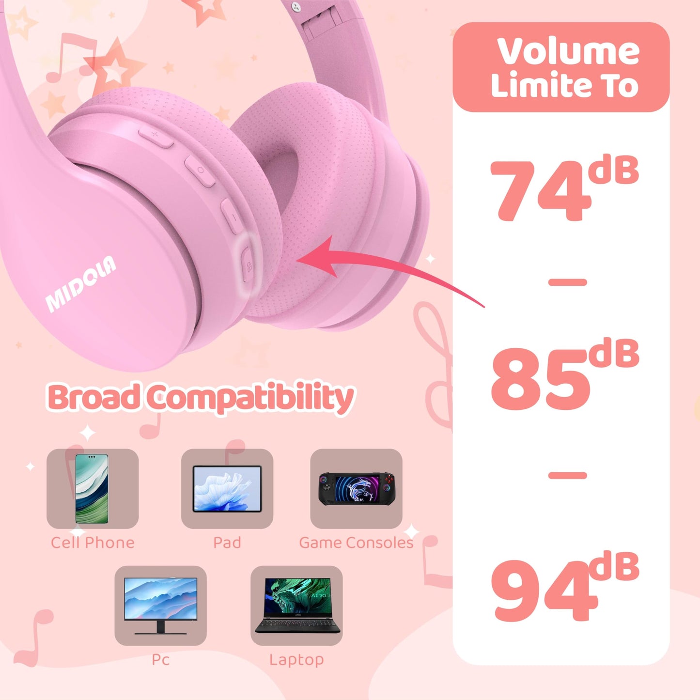 MIDOLA Kids Headphones Bluetooth 5.4 Wireless 68H Play Time Volume Limit 85/94dB Over-Ear Foldable Headset,Type-C Fast Charging,with Wired Aux Mic for Toddler Child Pad Tablet Pink