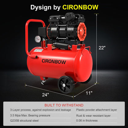 CIRONBOW 8 Gallon Ultra Quiet Air Compressor 70dB,1.8HP Oil Free 116 PSI, 2.47 CFM @ 90 PSI, Heavy Duty Portable with Wheels for Garage, Workshop, Nail Gun, Woodworking, Spray Painting, Tire Inflation