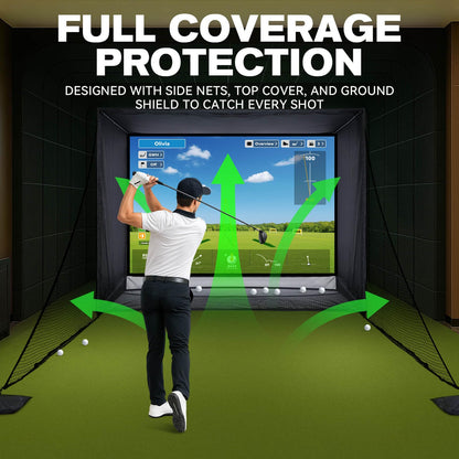ZEALFEEL Golf Simulator Enclosure, 11x8FT Golf Net with HD Impact Screen & Side Barriers – Dual-Layer Impact Screen, Foam-Padded Frame, Indoor Cage Net for Home Garage Studio