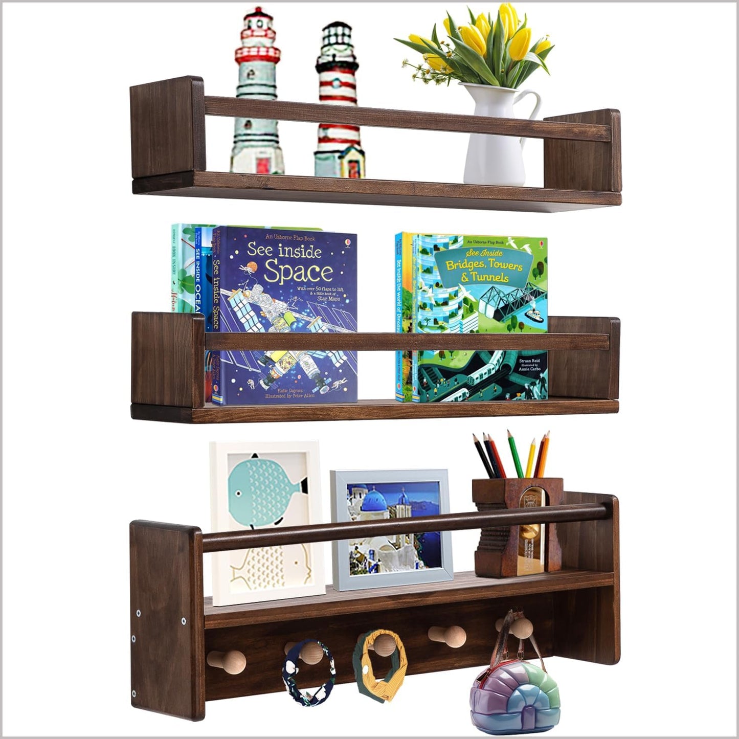 16 Inch Set 3 AZSKY Nursery Book Shelves Wall Floating Bookshelf with Hook Deep Walnut Hanging Book Shelf Toddler Room