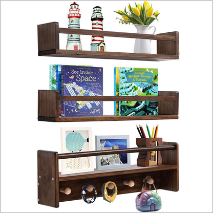 16 Inch Set 3 AZSKY Nursery Book Shelves Wall Floating Bookshelf with Hook Deep Walnut Hanging Book Shelf Toddler Room