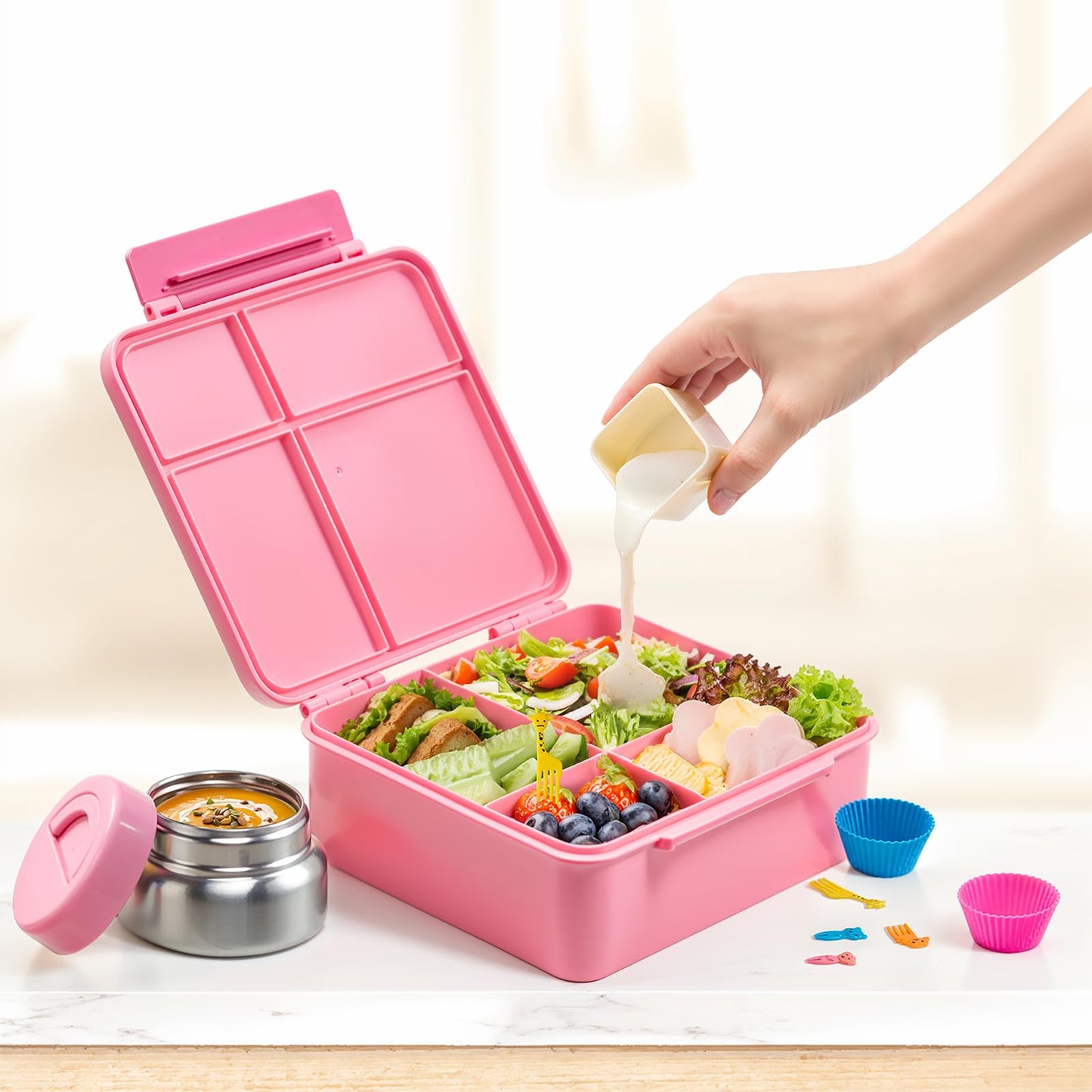 JSLOVE Bento Lunch Box with Leak Proof Thermos Food Jar for Kids, Food Lunch Containers for Girls with 4 Compartments, BPA-Free with Utensils, Food Picks, Sauce Jar & Silicone Lunch Box Dividers