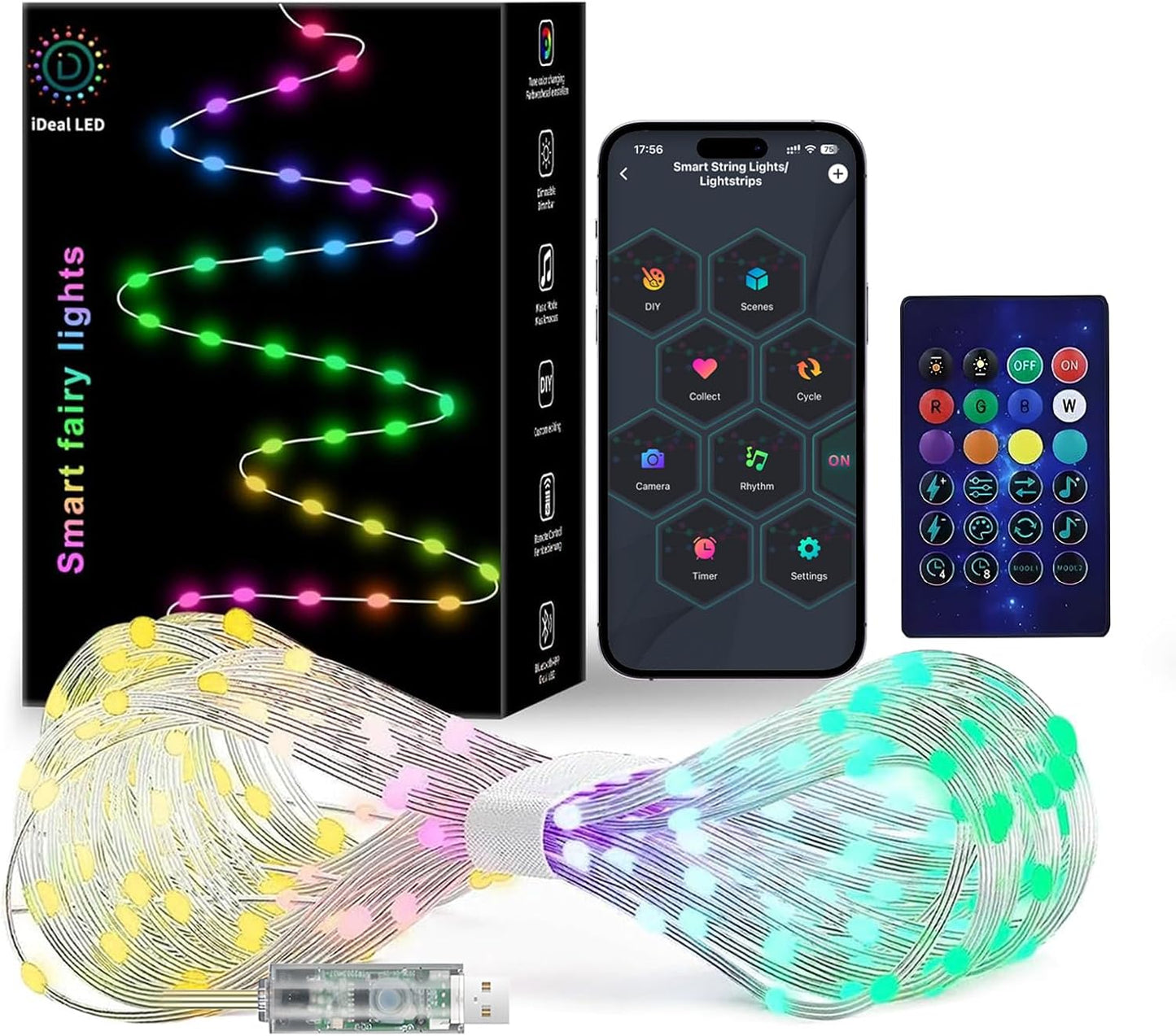 33Ft sync,12 Super RGB Smart Fairy String Lights, Usb DIY Twinkle Lights w/Remote & App Controlled, music Modes
