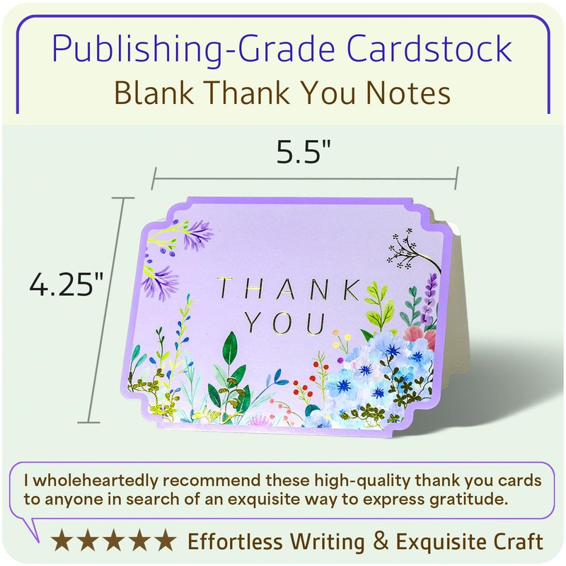 ukee's Thank You Cards with Envelopes 100-Pack, Gold Foil Floral, Thank You Notes w/Sage Green Envelopes & Stickers, Blank Inside for Baby Shower, Wedding, Graduation, Small Business, 4.25" x 5.5"