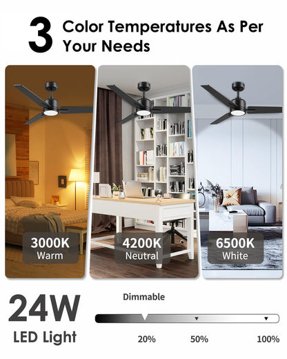 Newday 52 inch Ceiling Fans with Lights and Remote, Black 3 Blade Outdoor Fans for Patios -Dimmable Indoor DC Motor, 6 Speed, Quiet Noiseless, 3 CCT, Reversible, High CFM