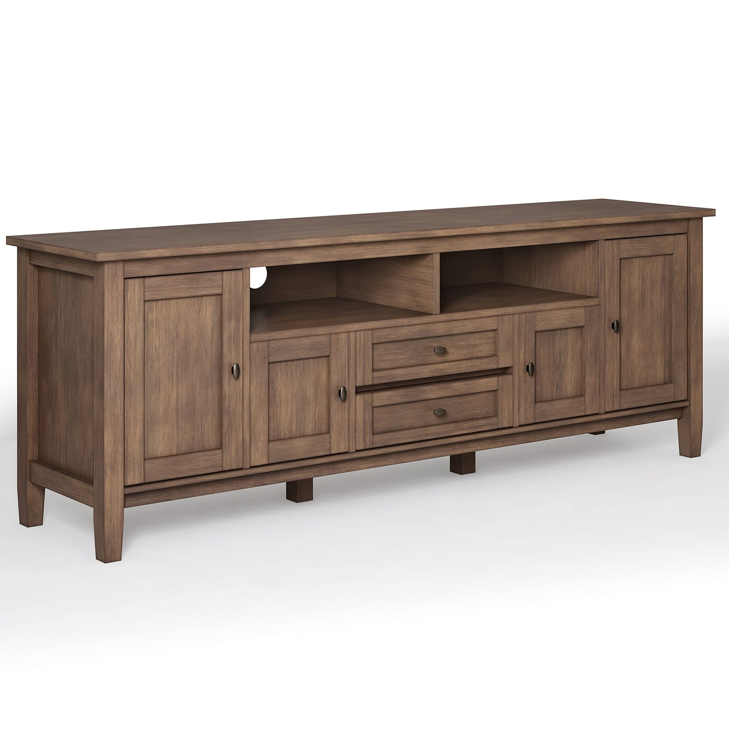 SIMPLIHOME Warm Shaker TV Stand - 72 inch Wide Solid Wood Media Console in Rustic Natural Aged Brown, Transitional Entertainment Center for Living Room for TVs up to 80 Inches with Cable Management