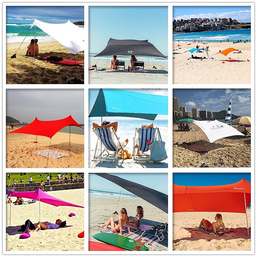 Family Tent Instant Cabana Canopy Sunwall Family Beach Tent Sunshade Sun Shade UPF50 UV Protection Tent with 2 Lightweight Folding Steel Poles 4 Sandbag Anchors Large Portable Rain Camping Tarp
