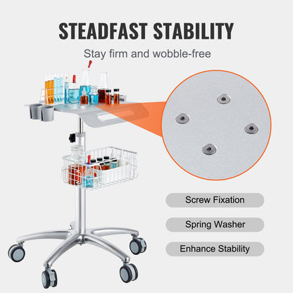 VEVOR Medical Trolley with Wheels - Height Adjustable Gas Lift, Large Tabletop 19"×17", Stainless Steel Rolling Laptop Cart with Storage Basket,Mobile Metal Scanner Cart for Ultrasound/Dental/EKG/Lab