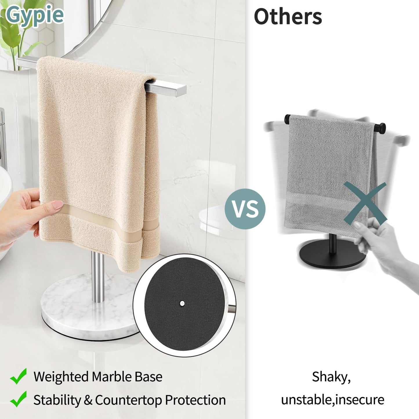 Gypie T-Shape Hand Towel Holder Stand with Heavy Marble Base, Stainless Steel Bathroom Countertop Towel Rack for Bathroom Kitchen, Brushed Nickel