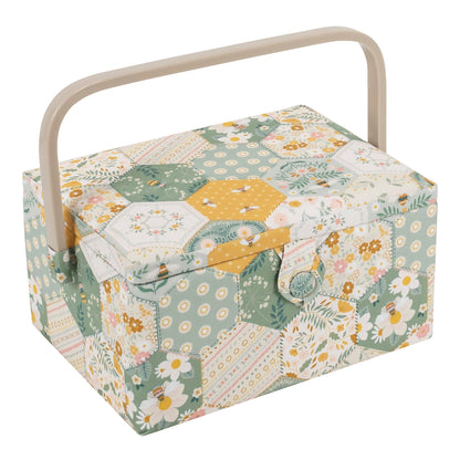 Hobby Gift Medium Sewing Box Organiser, Fabric Covered Storage Box with Handle, Internal Tray, Pin Cushion and Pocket for Sewing, Quilting and Knitting Supplies