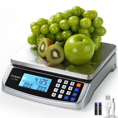 Atogou 110lb Food Scale, Commercial Kitchen Scale with Price Computing, Plug-in Usable, 0.05oz/1g, 304 Stainless Steel, for Cooking, Vegetables, Farm, Industry, Counting. LC300 Silver