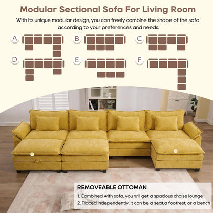 IPKIG 154" Modular Sectional Sofa, Chenille C-Shaped Sectional Couch Comfy Upholstered Seat Sofa with Ottoman, Deep Seat Cloud Couch Sofa for Living Room, Yellow
