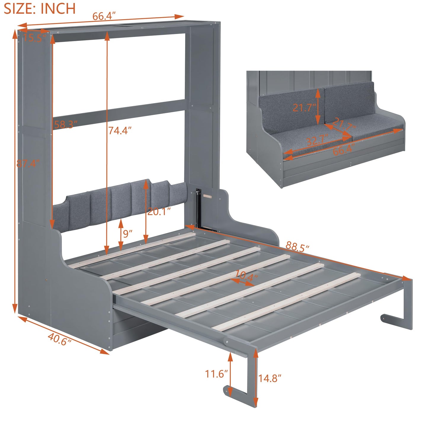 Merax Queen Size Murphy Bed Frame, Modern Wall Bed Can Be Folded into Cabinet, Chair with Cushion, Gray