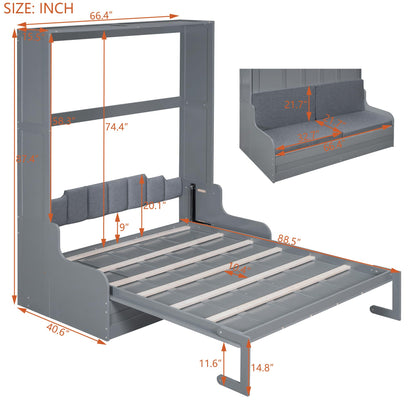 Merax Queen Size Murphy Bed Frame, Modern Wall Bed Can Be Folded into Cabinet, Chair with Cushion, Gray