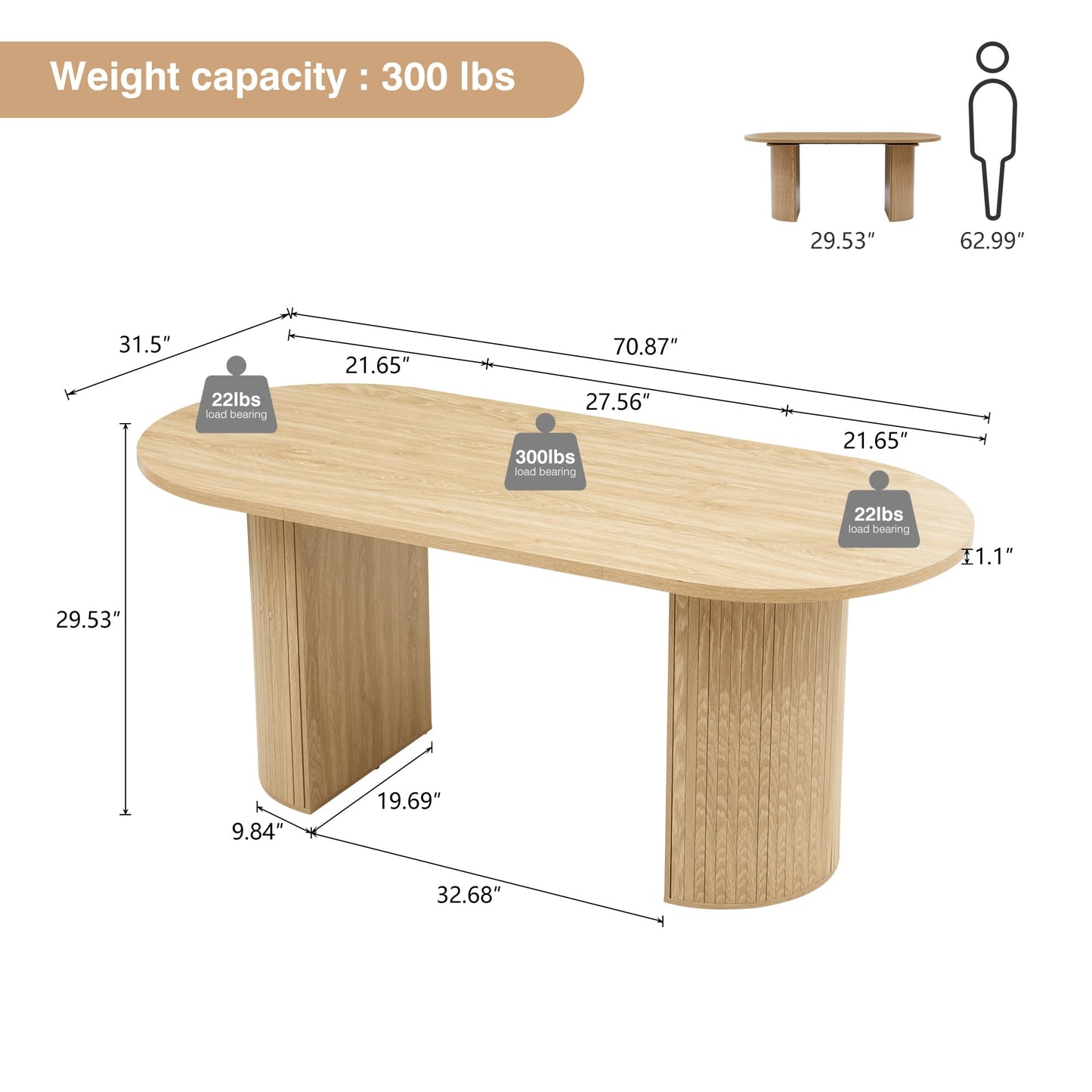 70.8 Inch Dining Table for 4-6 People, Oval Kitchen Table with Semi-Cylindrical Legs Base, Modern Farmhouse Round Dinner Tables for Dining Room Kitchen Living Room (Natural)