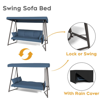 Terravoy Porch Swing Sofa Bed with Stand and Canopy, Outdoor 3-Seat Bench Swing Heavy Duty, Patio Extra Large Swing Bed with Rain Cover
