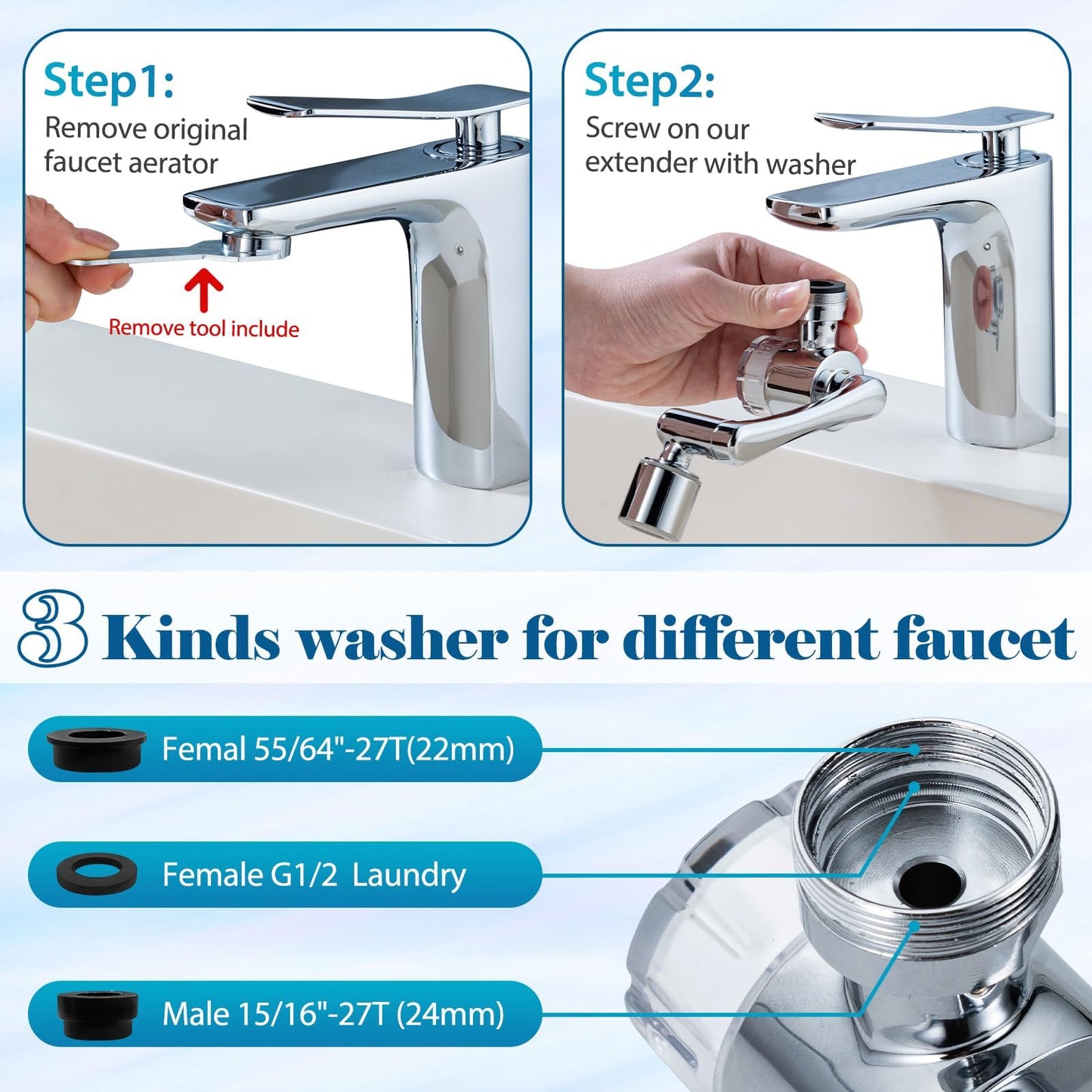 Sink Water-Filter 1080-Rotating Faucet Extender - Kitchen Bathroom Swivel Faucet Aerator, Water Filter with Active Carbon for Water Purifier System & Skin Care, Kitchen Faucet Filter Tap Attachment