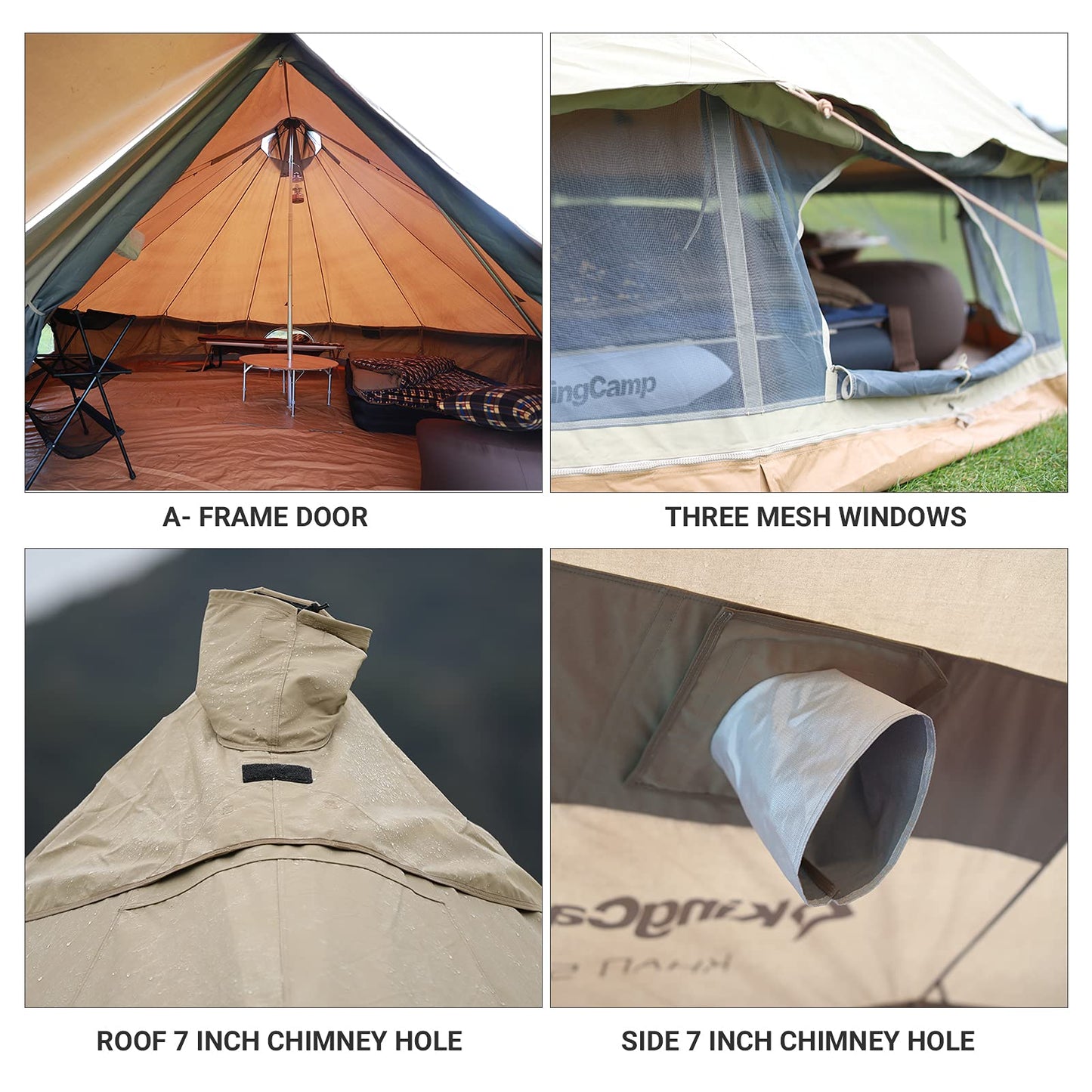 KingCamp Glamping Tent for 4 Seasons, 13.2ft/16.4ft Large Waterproof & Windproof Luxury Bell Yurt Tent w/Stove Jack, Spacious for Family Camping Hunting Parties