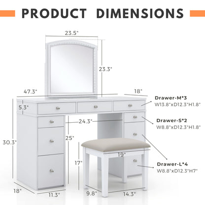 24/7 Shop at Home Juno Modern White Vanity Desk with Mirror and LED Lights, Makeup Table with 9 Drawers, Upholstered Stool with Wood Legs, Bedroom Furniture Set, Dressing Room, Youth Room