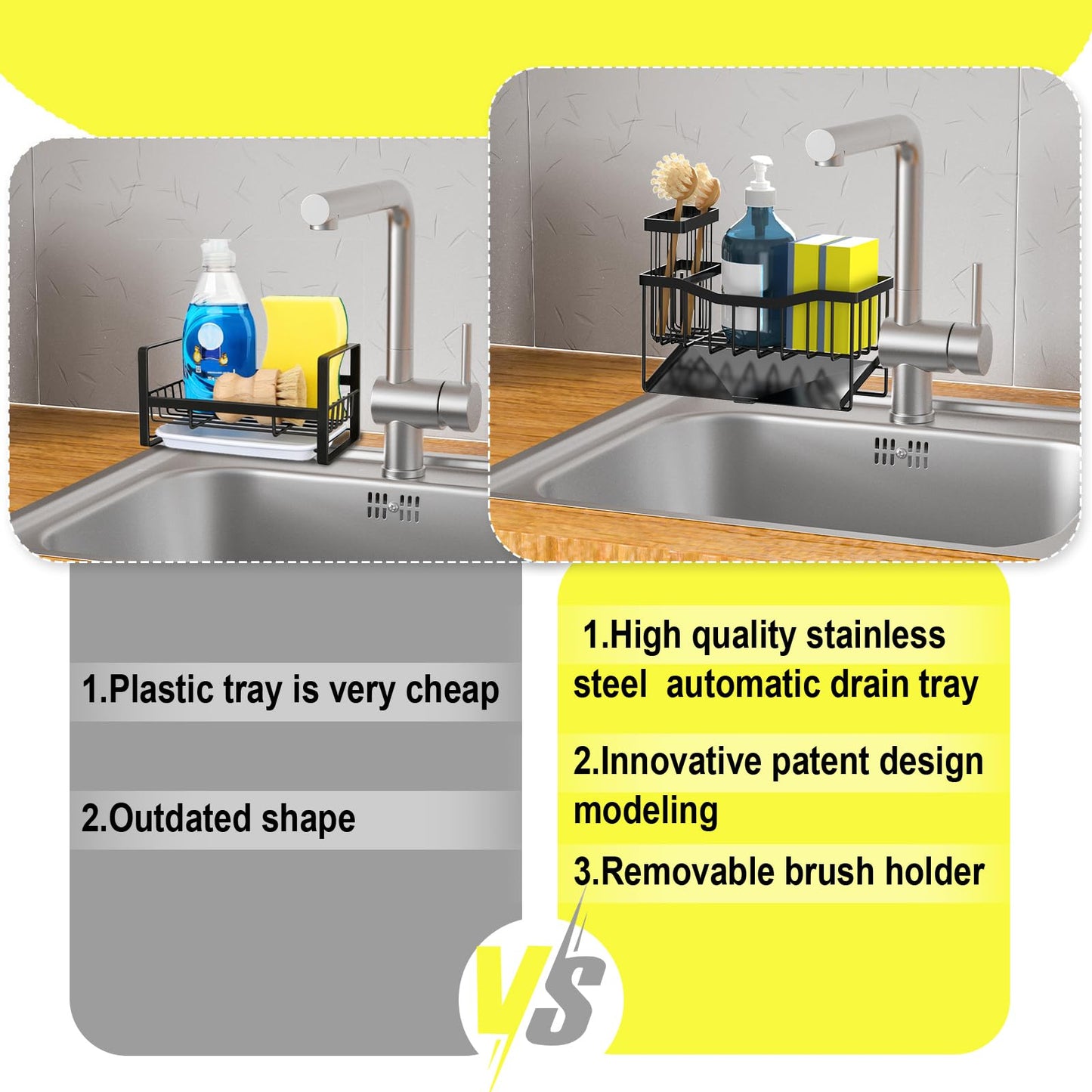 Fssvcd Maifan Sink Caddy Sponge Holder for Kitchen with Brush Holder and Stainless Steel Self Drain Tray, Rustproof Kitchen Sink Organizer for Sponge, Soap Dispenser Storage Accessories