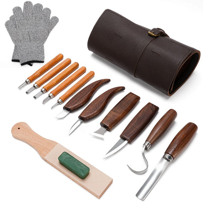 15PCS Wood Carving Kit, Wood Carving Tools Wood Whittling Kit Walnut Handle Wood Scraper with Polishing and Sharpening Stone for Beginner Adults Wood Carving DIY